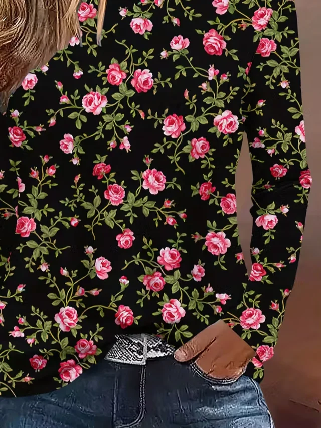 Women's Long Sleeve T-shirt Spring/Fall Black Floral Printing Jersey Crew Neck Daily Going Out Casual Top