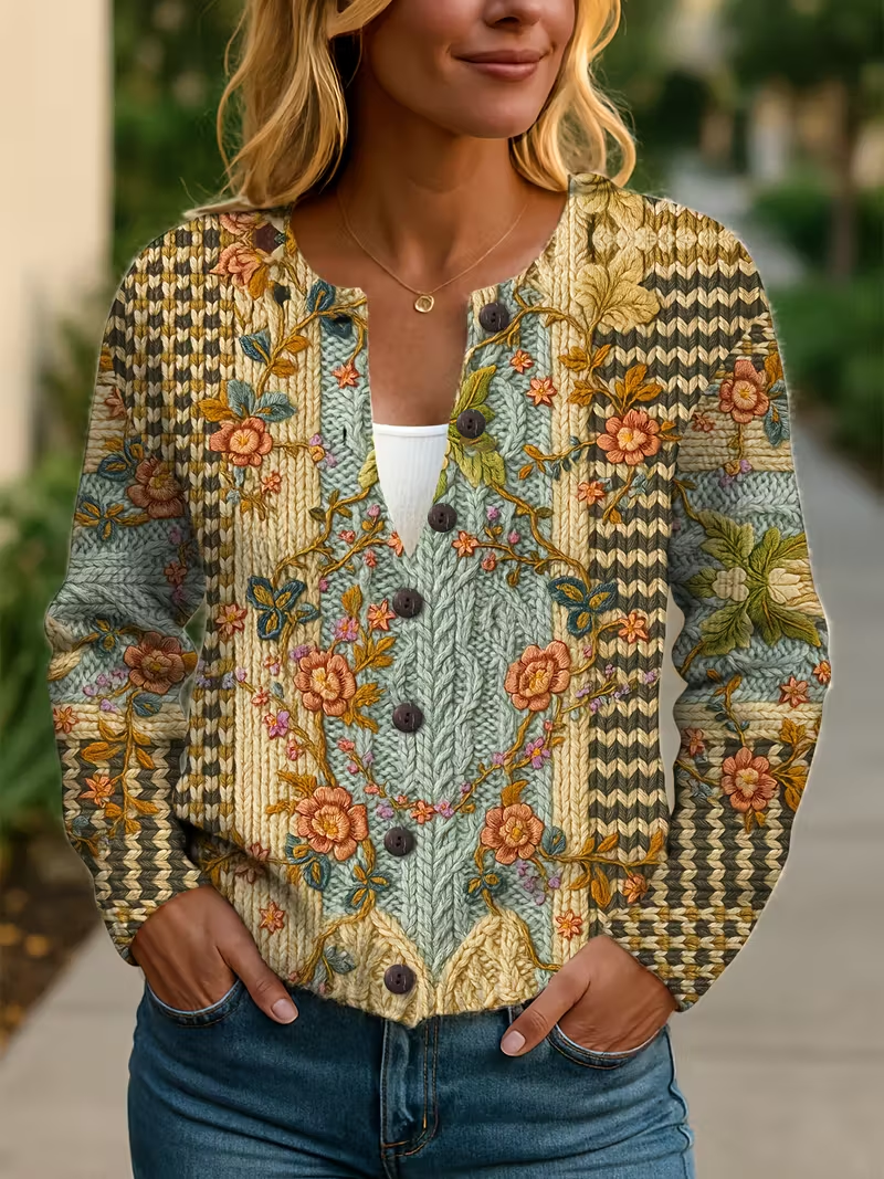 Women's Floral Print Crew Neck Button Cardigan