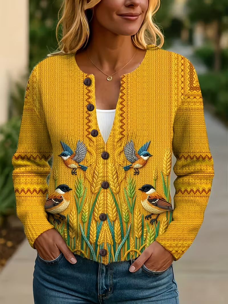 Women's Bird Print Crew Neck Button Cardigan
