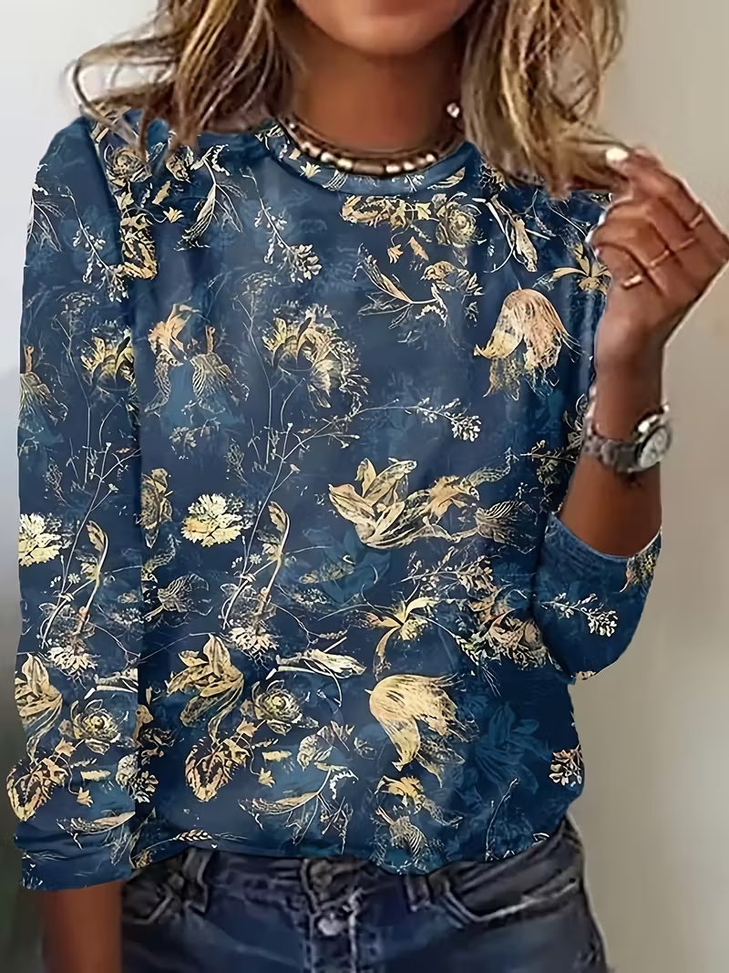 Women's Long Sleeve T-shirt Spring/Fall Blue Floral Printing Jersey Crew Neck Daily Going Out Casual Top