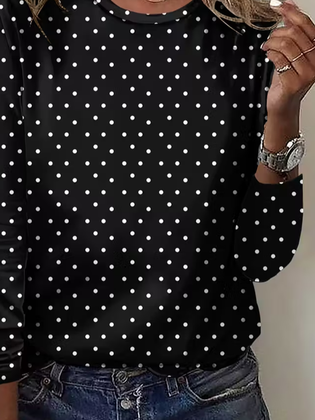 Women's Long Sleeve T-shirt Spring/Fall Black Polka Dots Printing Jersey Crew Neck Daily Going Out Casual Top