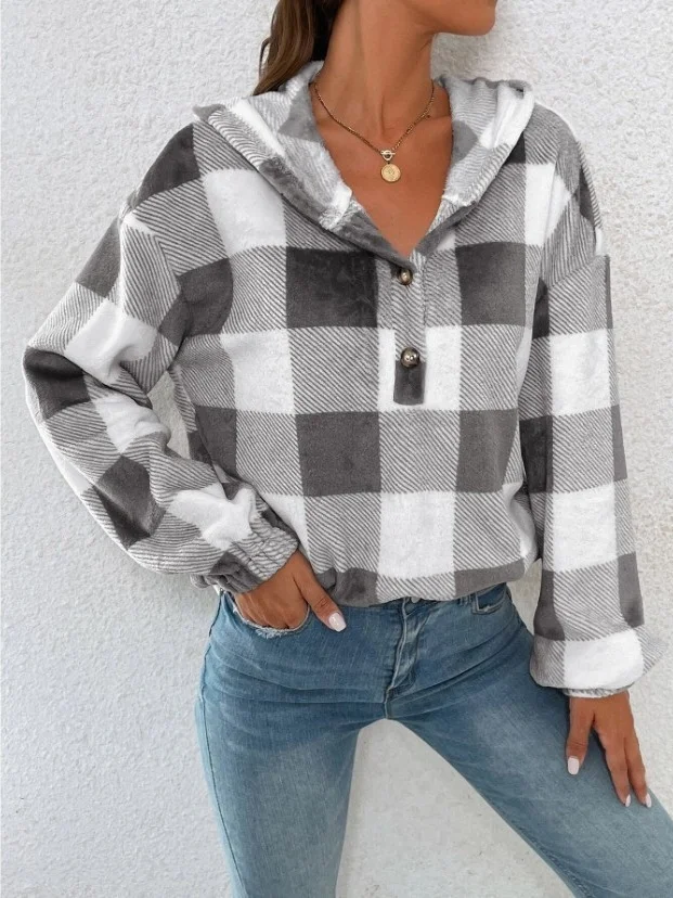 Flannel Autumn And Winter New Plaid Half-open Collar Buttoned Hooded Plush Loose Casual Printing Urban Loose Sweatshirt