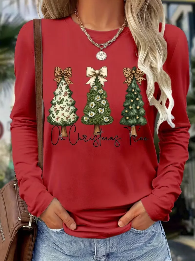 Women's Long Sleeve T-shirt Spring/Fall Red Christmas Printing Jersey Crew Neck Daily Going Out Casual Top
