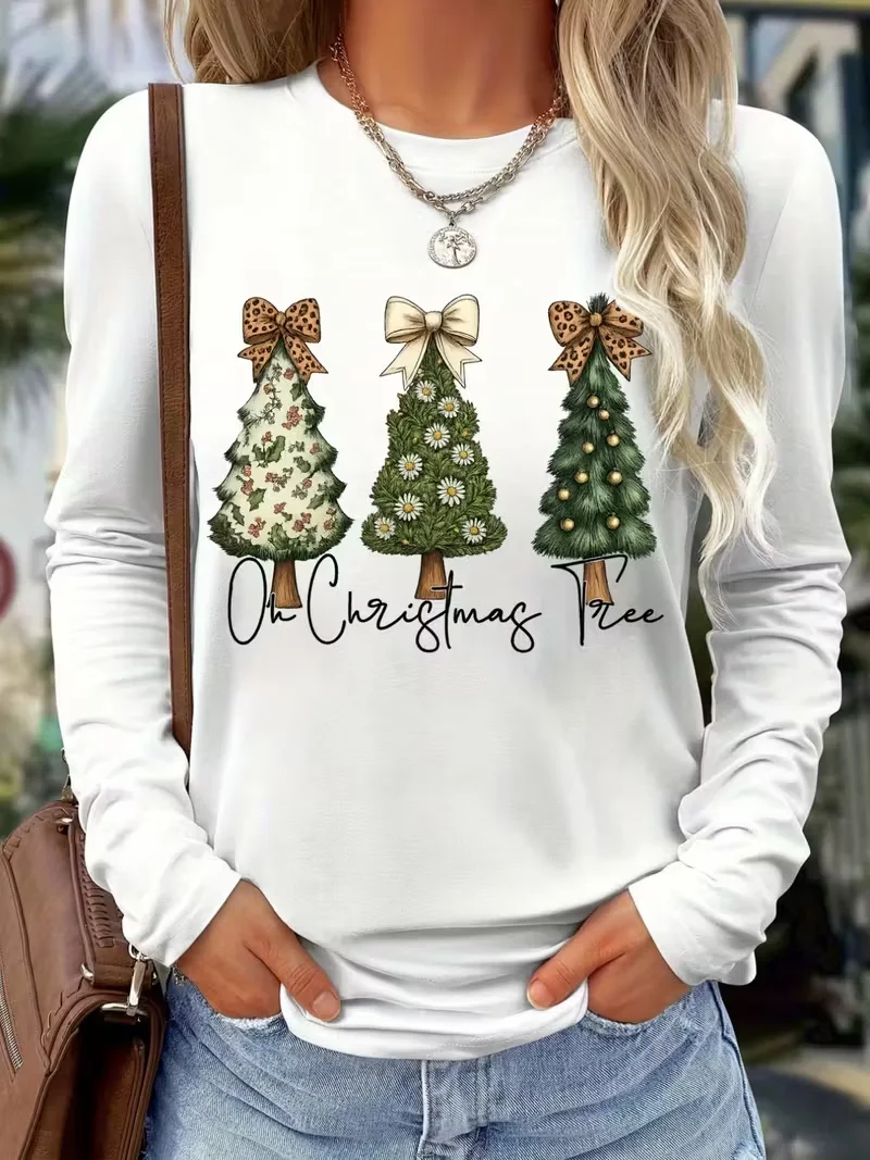Women's Long Sleeve T-shirt Spring/Fall Red Christmas Printing Jersey Crew Neck Daily Going Out Casual Top
