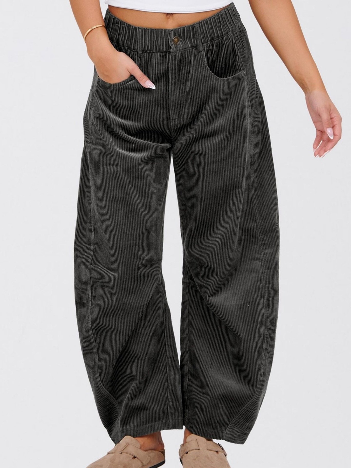 Women's  Elastic Waist H-Line Corduroy Pants Daily Going Out Pants Beige Casual Split Joint Plain Spring/Fall Pants