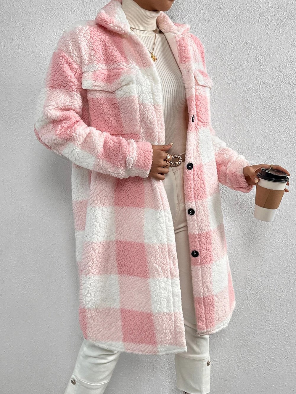 Lady Romance Buckle Coral Velvet Shawl Collar Coat