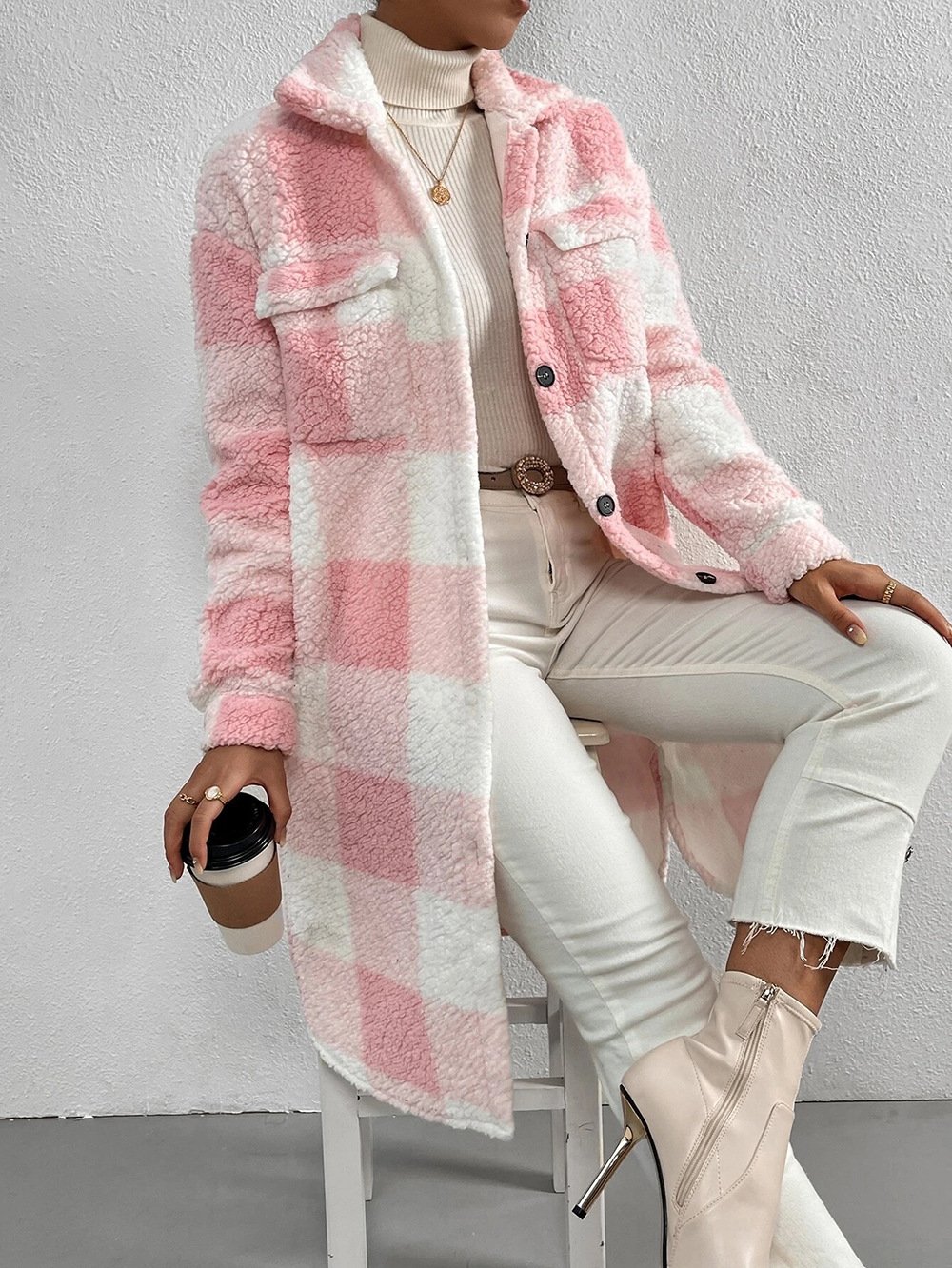 Lady Romance Buckle Coral Velvet Shawl Collar Coat