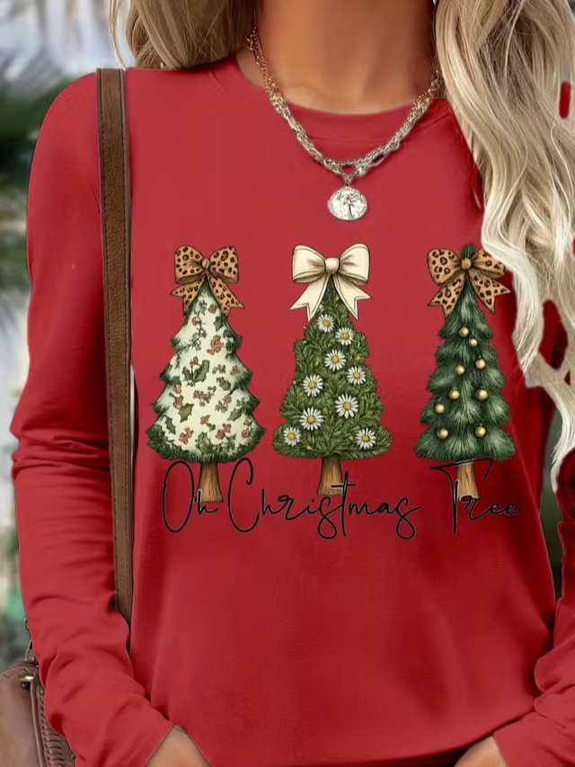 Women's Long Sleeve T-shirt Spring/Fall Red Christmas Printing Jersey Crew Neck Daily Going Out Casual Top