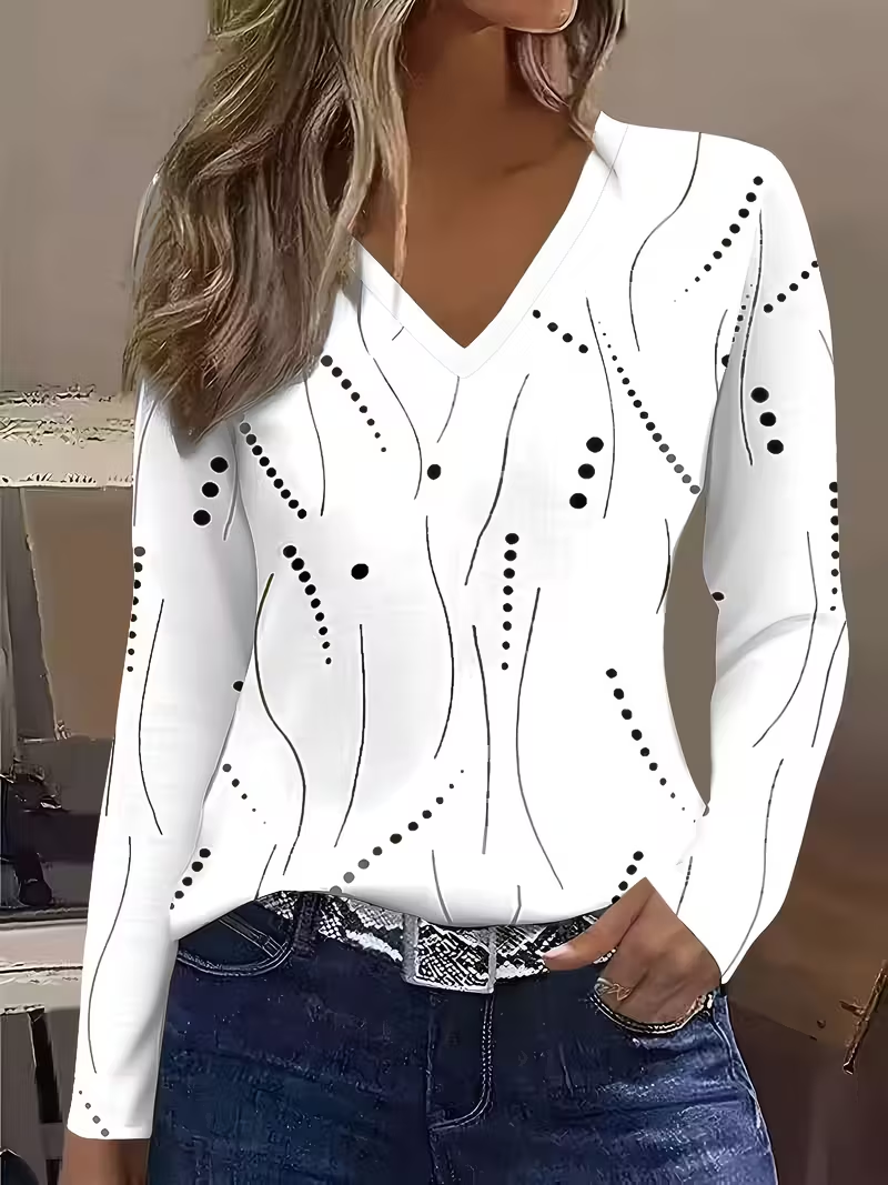 Women's Long Sleeve T-shirt Spring/Fall Blue Polka Dots Printing Jersey V Neck Daily Going Out Casual Top
