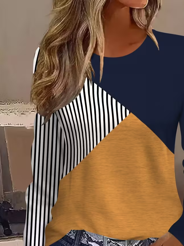 Women's Long Sleeve T-shirt Spring/Fall As Picture Contrast Stitching Printing Jersey Crew Neck Daily Going Out Casual Top