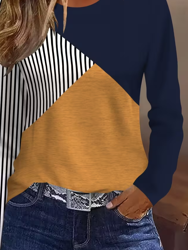 Women's Long Sleeve T-shirt Spring/Fall As Picture Contrast Stitching Printing Jersey Crew Neck Daily Going Out Casual Top