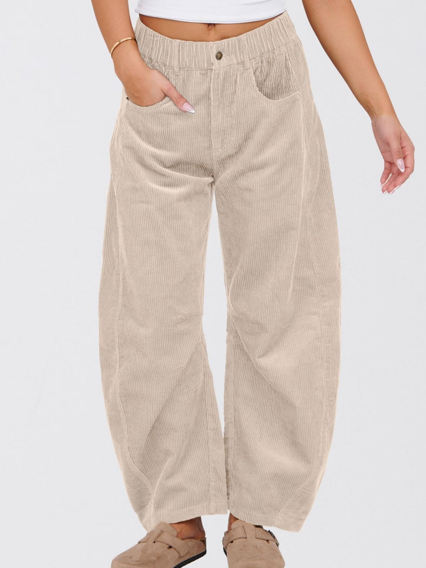 Women's  Elastic Waist H-Line Corduroy Pants Daily Going Out Pants Beige Casual Split Joint Plain Spring/Fall Pants