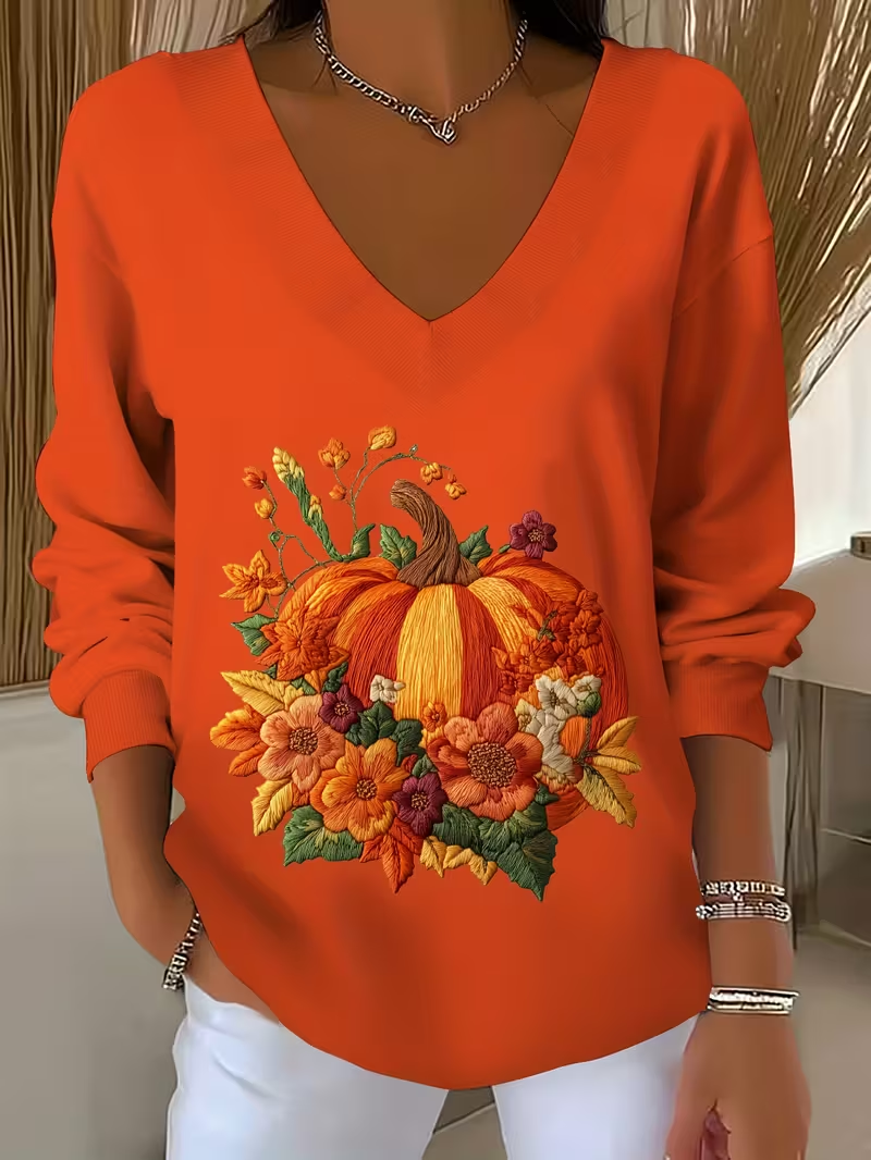 Women's Long Sleeve T-shirt Spring/Fall Black Halloween (pumpkin) Printing V Neck Daily Going Out Casual Top