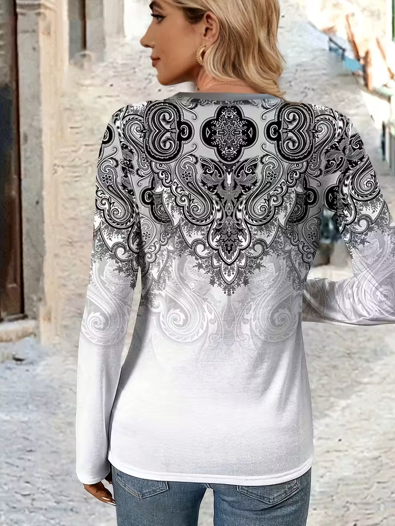 Women's Long Sleeve T-shirt Spring/Fall Gray Ethnic Printing Jersey V Neck Daily Going Out Casual Top
