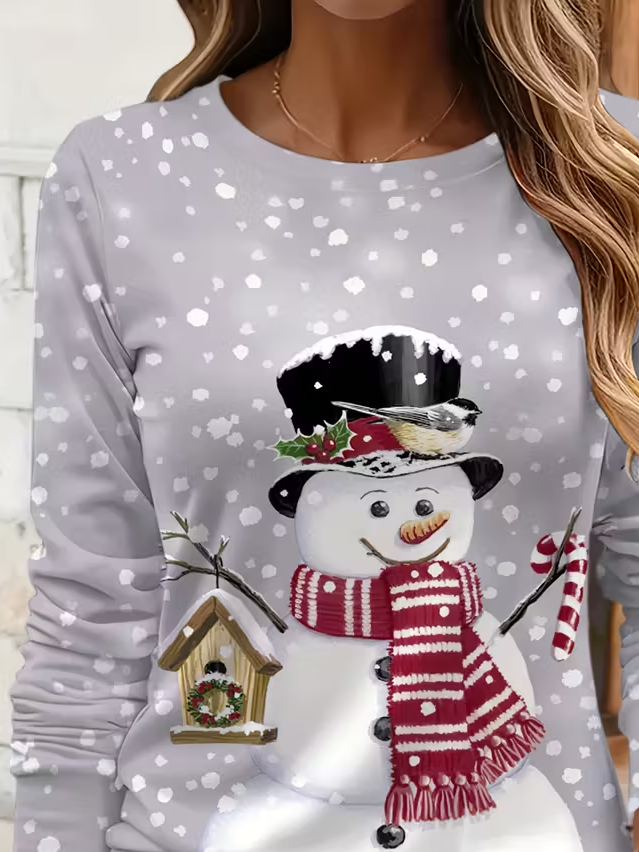 Women's Long Sleeve T-shirt Spring/Fall Gray Christmas Snowman Printing Jersey Crew Neck Daily Going Out Casual Top