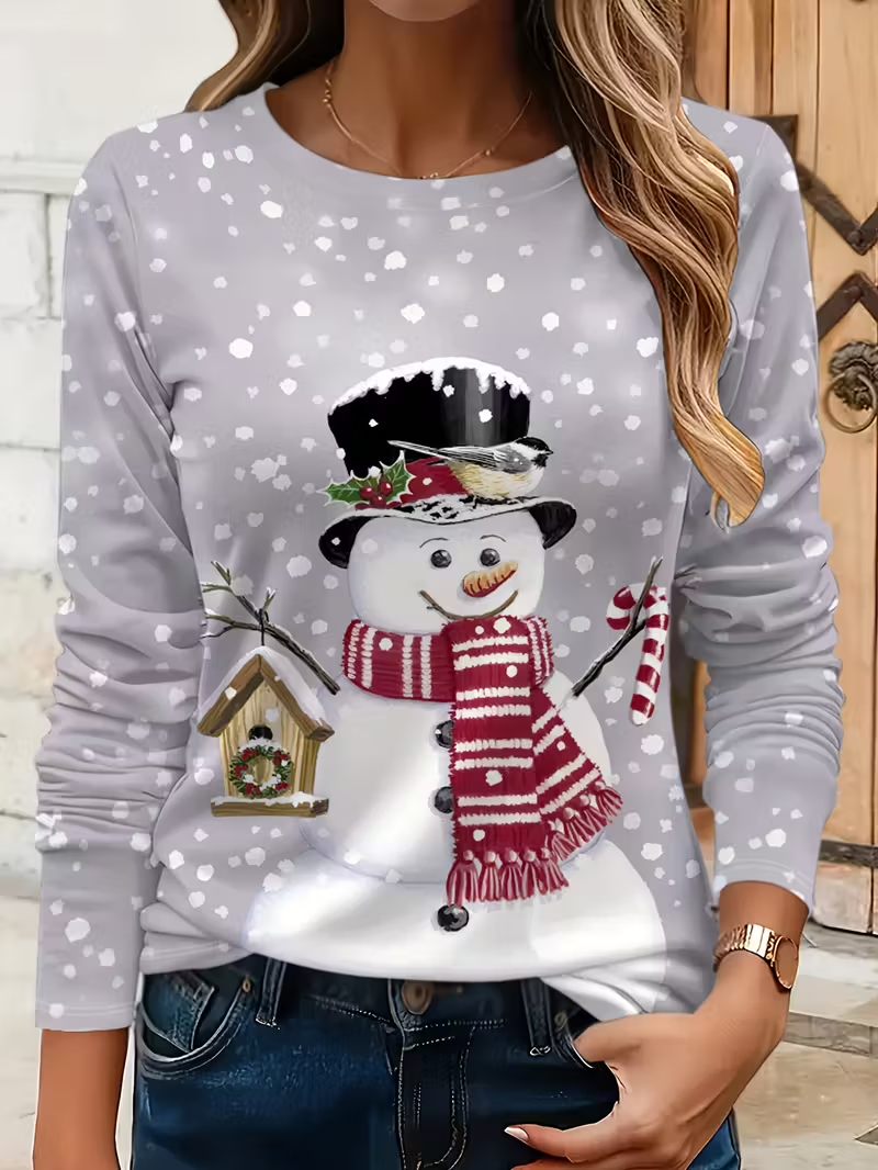 Women's Long Sleeve T-shirt Spring/Fall Gray Christmas Snowman Printing Jersey Crew Neck Daily Going Out Casual Top