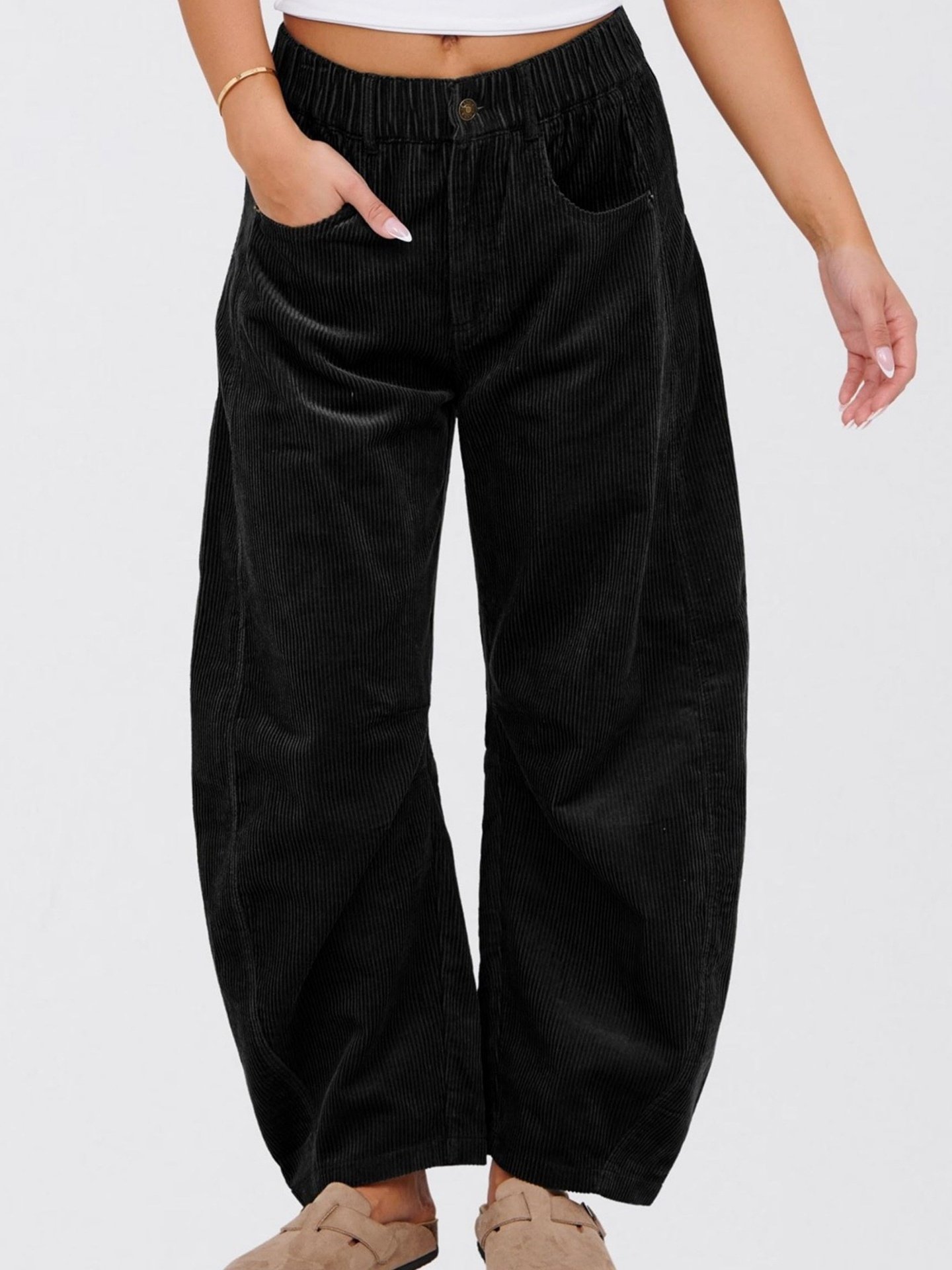 Women's  Elastic Waist H-Line Corduroy Pants Daily Going Out Pants Beige Casual Split Joint Plain Spring/Fall Pants