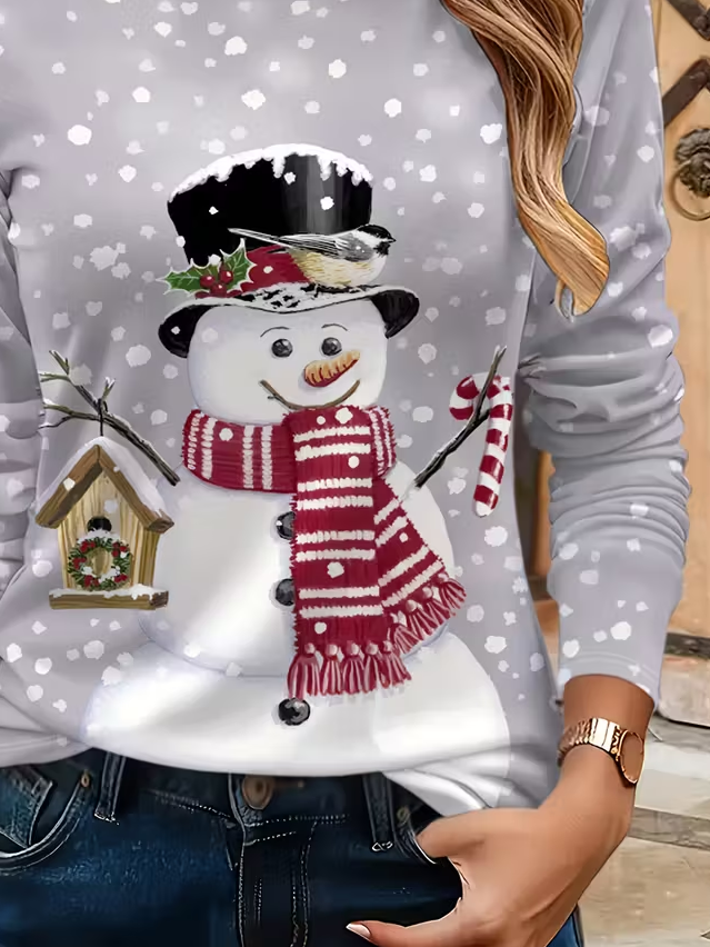 Women's Long Sleeve T-shirt Spring/Fall Gray Christmas Snowman Printing Jersey Crew Neck Daily Going Out Casual Top