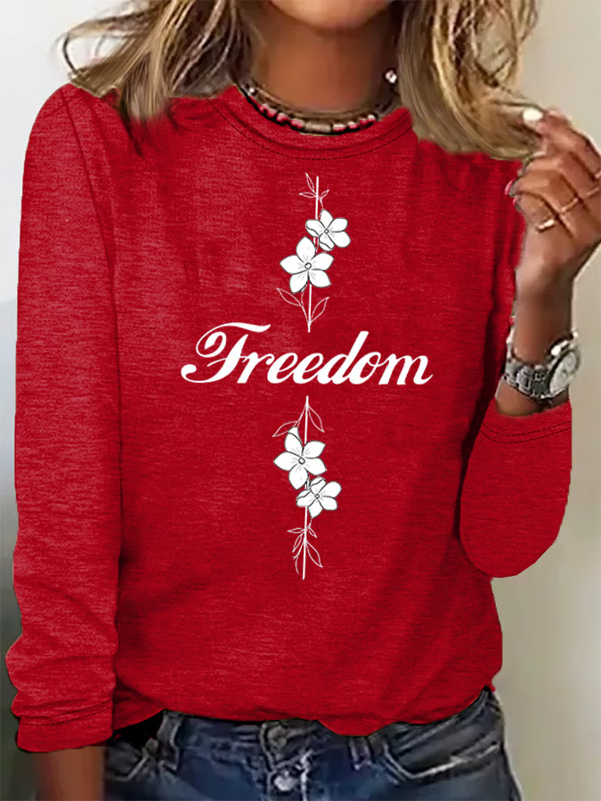 Women's Casual Freedom Flag Contrast Color Cotton Long-Sleeved T-Shirt