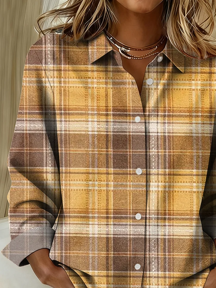 Women's Long Sleeve Shirt Spring/Fall As Picture Plaid Buckle Shirt Collar Regular Sleeve Daily Going Out Casual Top