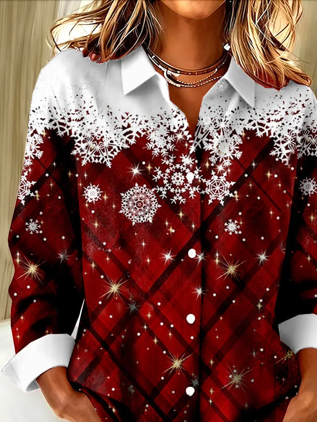 Women's Long Sleeve Shirt Spring/Fall Red Christmas Buckle Shirt Collar Regular Sleeve Daily Going Out Casual Top