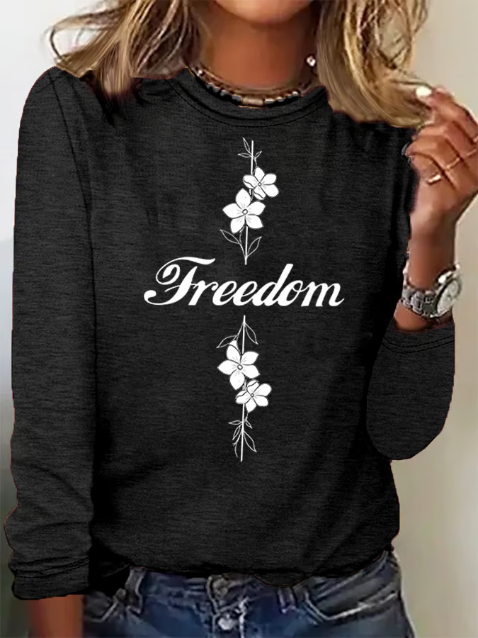 Women's Casual Freedom Flag Contrast Color Cotton Long-Sleeved T-Shirt