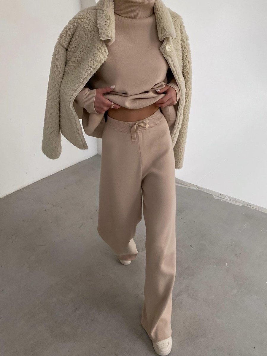 Women's Drawstring Plain Daily Going Out Two-Piece Set Khaki Casual Spring/Fall Top With Pants Matching Set