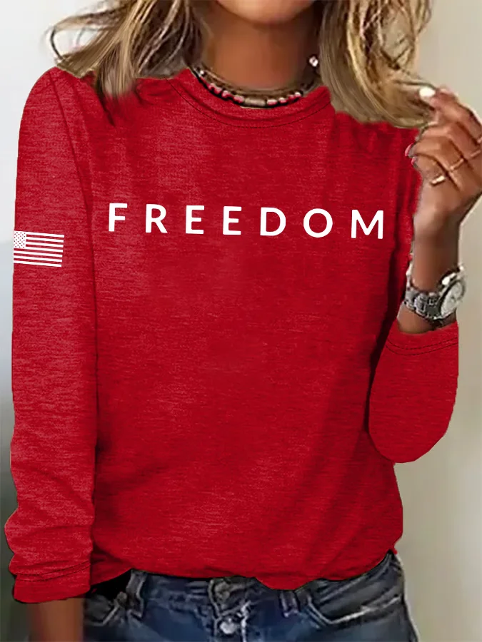 Women's Freedom Printed Round Neck Long Sleeve T-Shirt