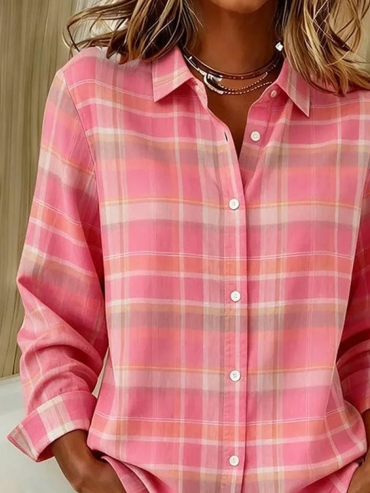 Women's Long Sleeve Shirt Spring/Fall Pink Plaid Buckle Shirt Collar Regular Sleeve Daily Going Out Casual Top