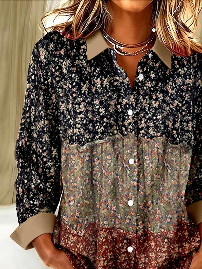 Women's Long Sleeve Shirt Spring/Fall As Picture Floral Buckle Shirt Collar Regular Sleeve Daily Going Out Casual Top