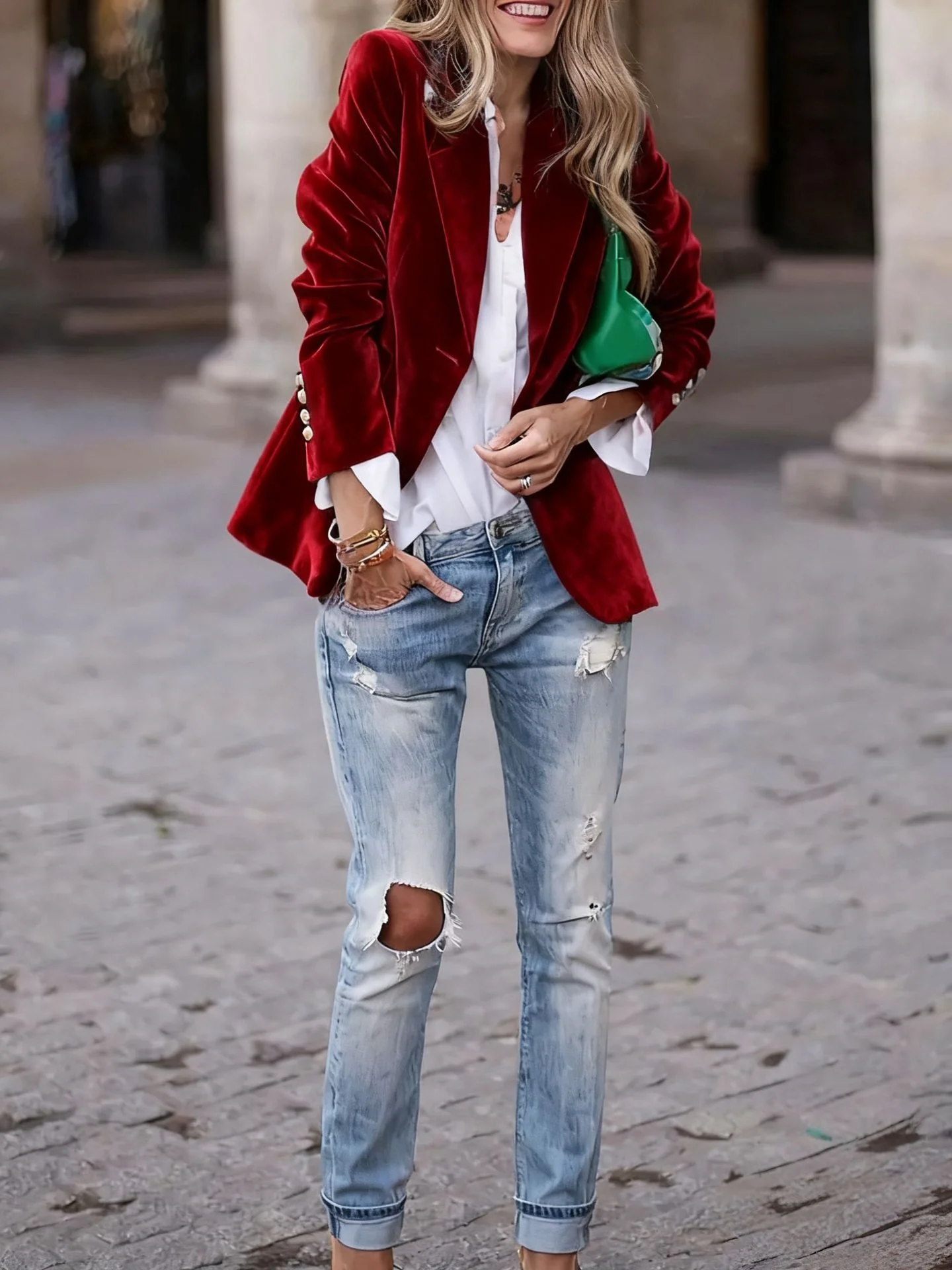 Pleuche Dressy Split Joint Lapel Collar Plain Blazer