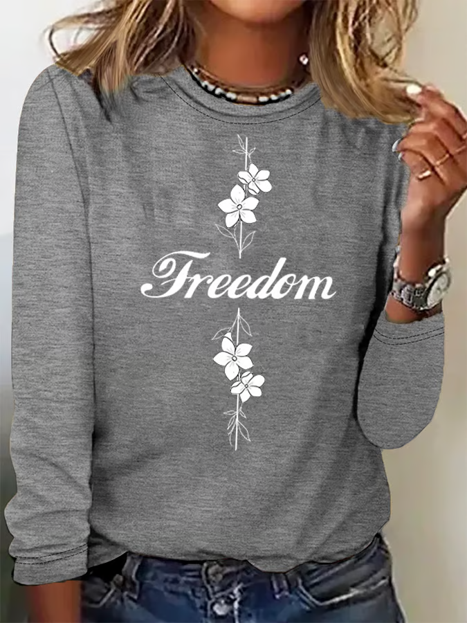 Women's Casual Freedom Flag Contrast Color Cotton Long-Sleeved T-Shirt