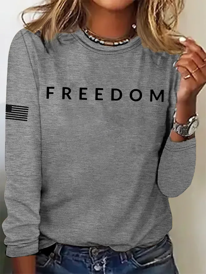 Women's Freedom Printed Round Neck Long Sleeve T-Shirt