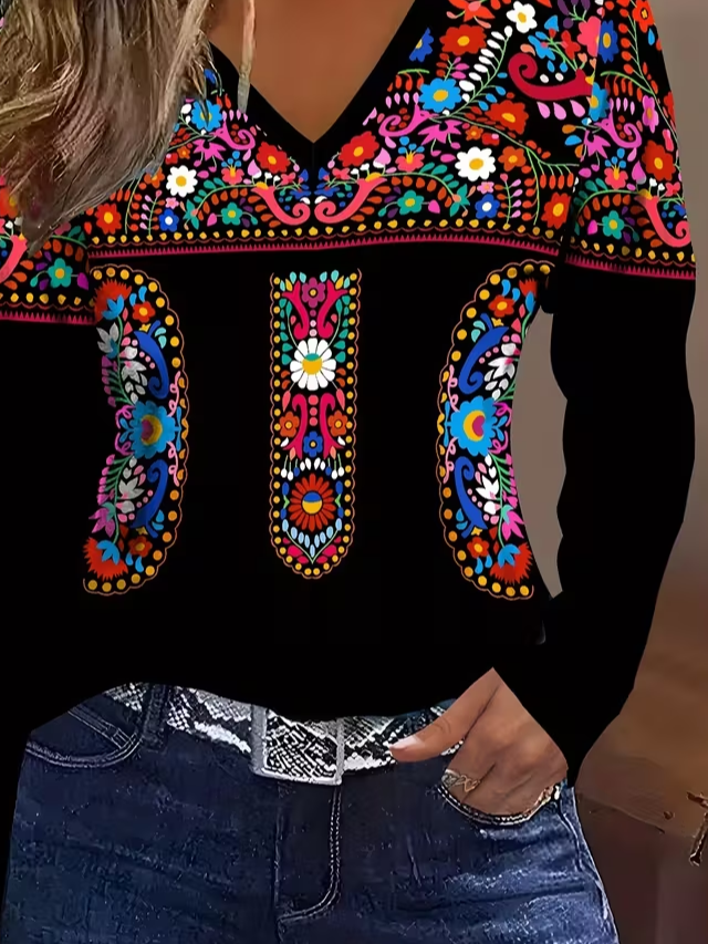 Women's Long Sleeve T-shirt Spring/Fall Black Ethnic Printing Jersey V Neck Daily Going Out Casual Top