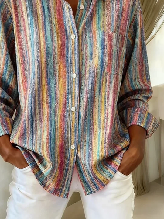 Women's Long Sleeve Shirt Spring/Fall As Picture Striped Buckle Shirt Collar Regular Sleeve Daily Going Out Casual Top