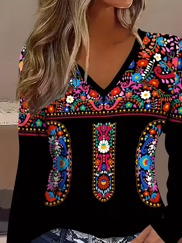 Women's Long Sleeve T-shirt Spring/Fall Black Ethnic Printing Jersey V Neck Daily Going Out Casual Top
