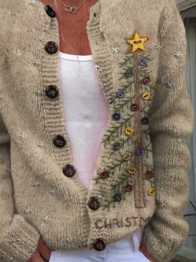 Printing Crew Neck Vintage Christmas Cardigan