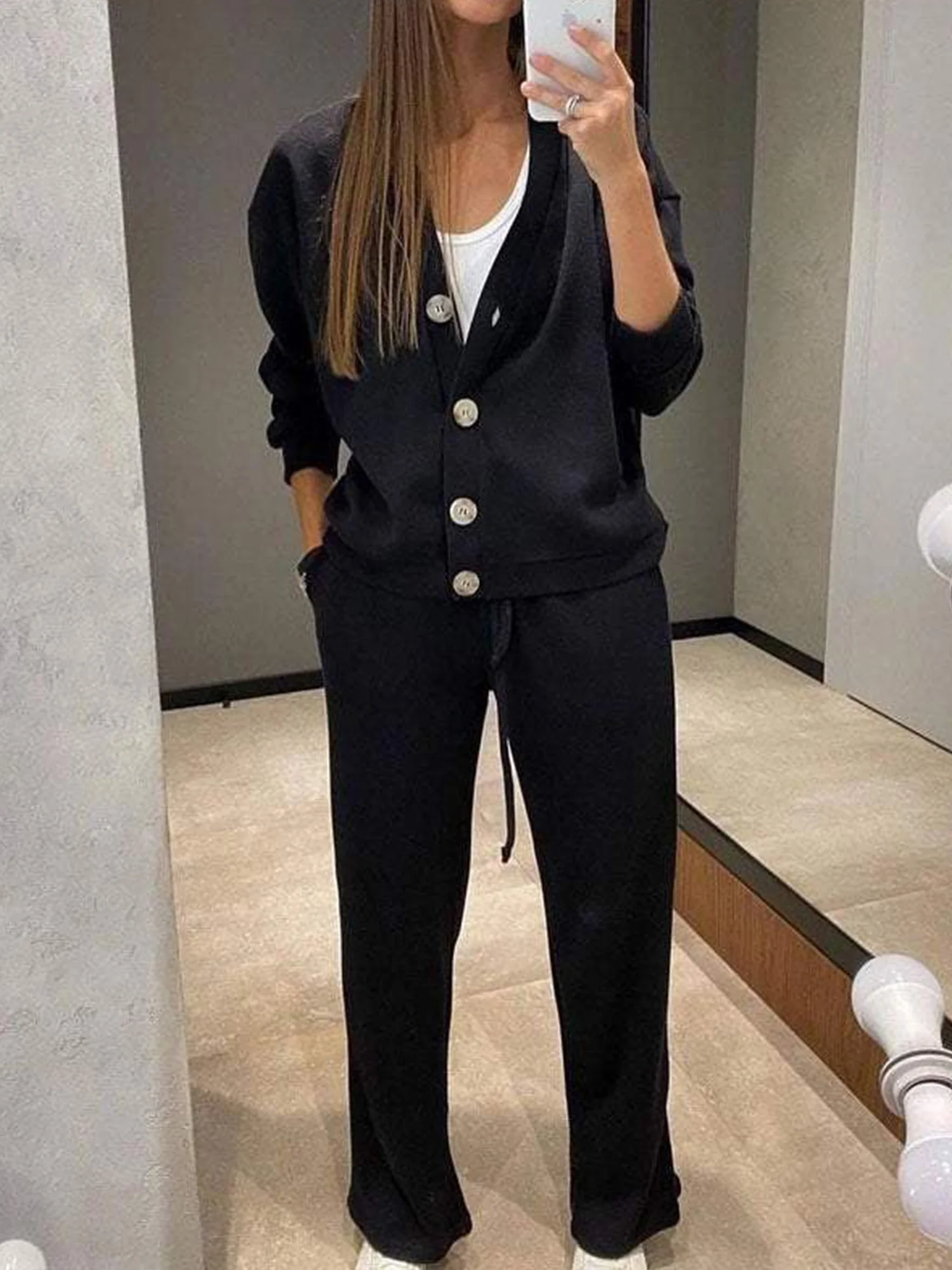 Casual Plain V Neck Two-Piece Set