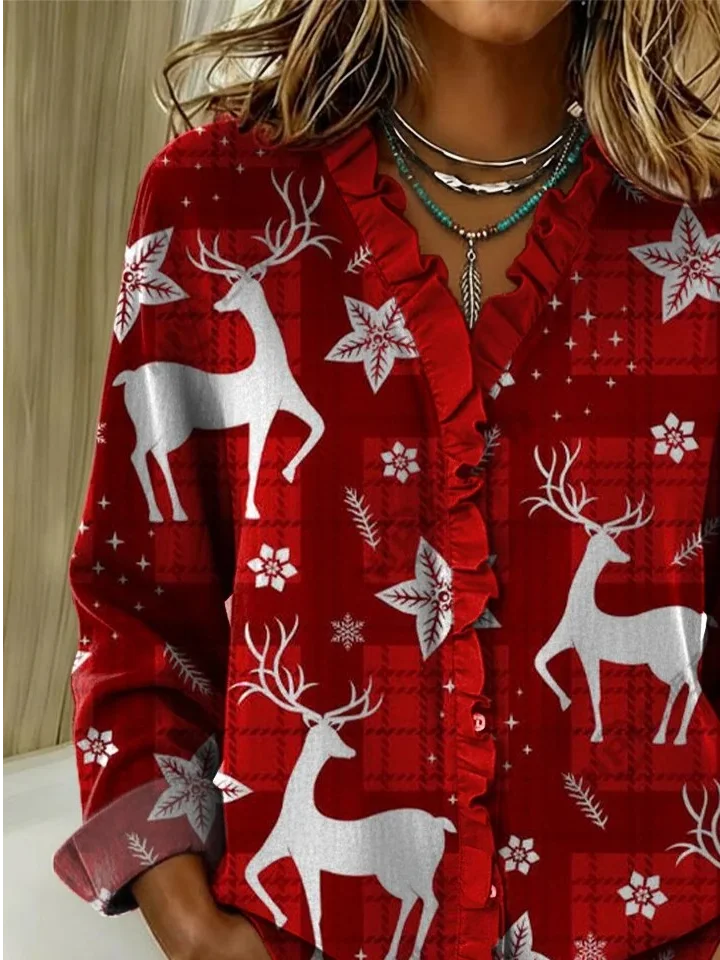 Simple Lace Collar Christmas Elk Shirt