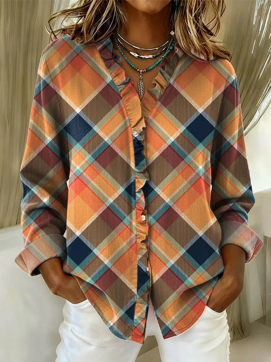 Lace Collar Loose Plaid Vintage Shirt