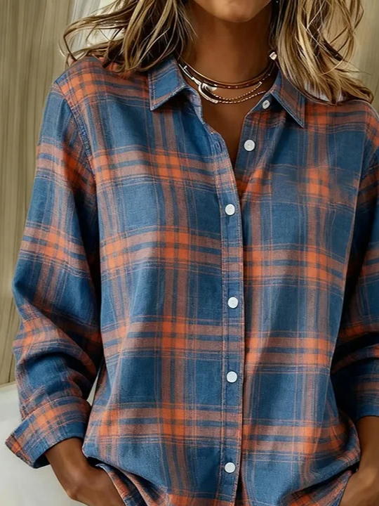 Women's Long Sleeve Shirt Spring/Fall Blue Plaid Buckle Shirt Collar Regular Sleeve Daily Going Out Casual Top