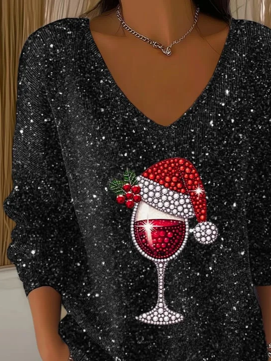Women's Long Sleeve T-shirt Spring/Fall Black Christmas Printing V Neck Daily Going Out Casual Top