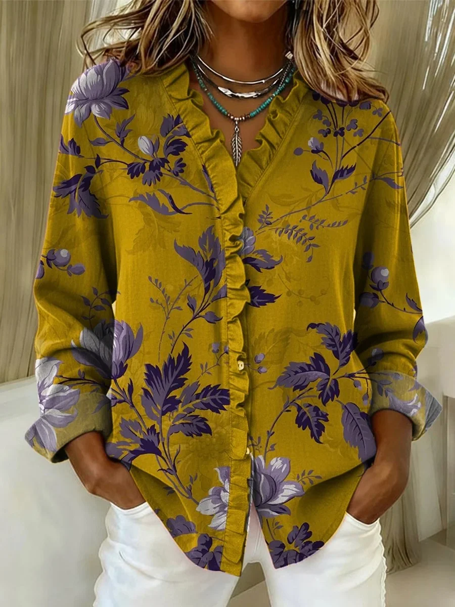 Floral Loose Casual Lace Collar Shirt