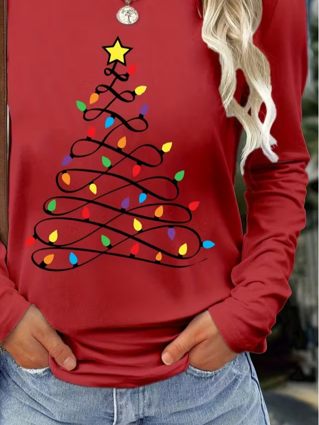 Women's Long Sleeve T-shirt Spring/Fall Red Christmas Printing Jersey Crew Neck Daily Going Out Casual Top