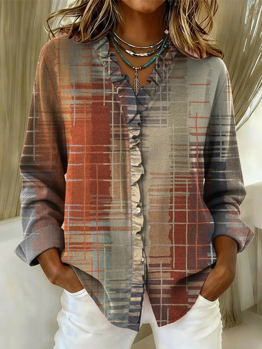 Lace Collar Loose Plaid Vintage Shirt