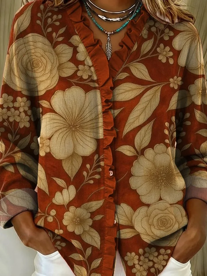 Floral Loose Casual Lace Collar Shirt