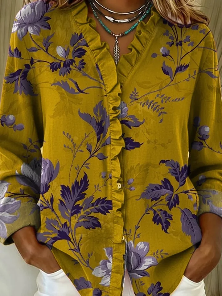 Floral Loose Casual Lace Collar Shirt
