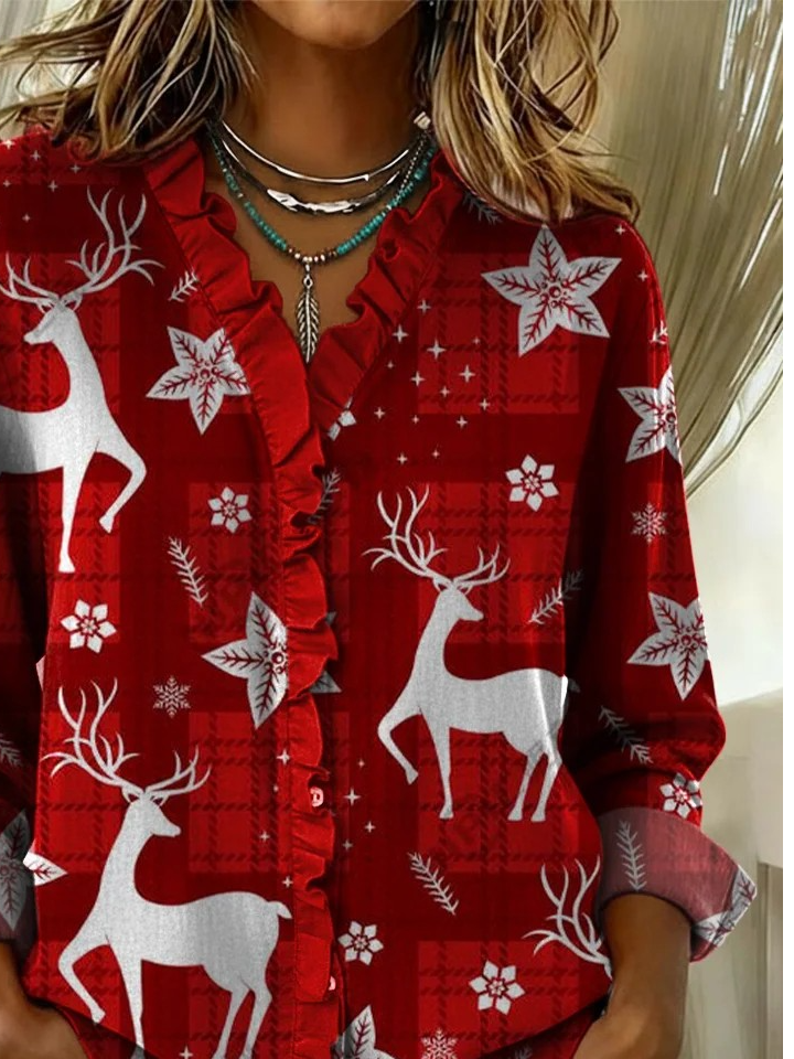 Simple Lace Collar Christmas Elk Shirt