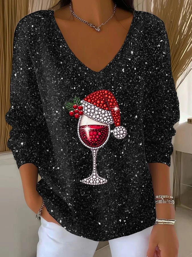 Women's Long Sleeve T-shirt Spring/Fall Black Christmas Printing V Neck Daily Going Out Casual Top