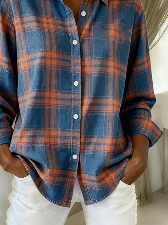 Women's Long Sleeve Shirt Spring/Fall Blue Plaid Buckle Shirt Collar Regular Sleeve Daily Going Out Casual Top